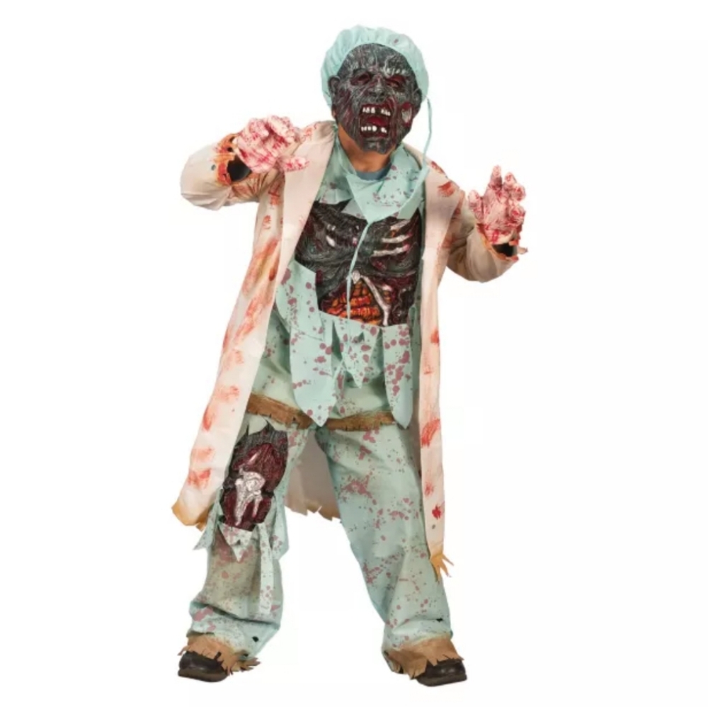 Halloween Zombie Doctor Lab Coat Mask Scrubs Boys Girls Large 12-14 Costume